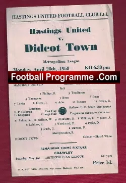 Hastings United v Didcot 1958 – Single Sheet