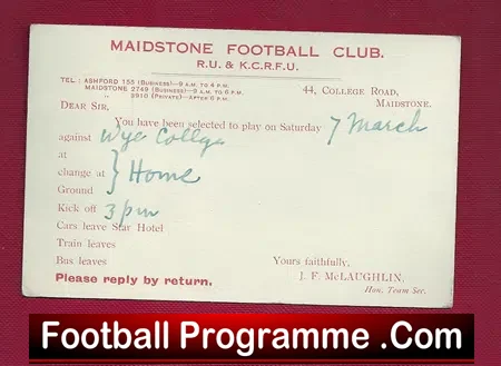 Maidstone Football Club Invitation 2Play Postcard F Rodgers 1931