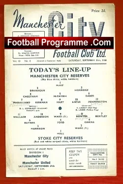 Manchester City v Stoke City 1958 - Reserve Match - football programme