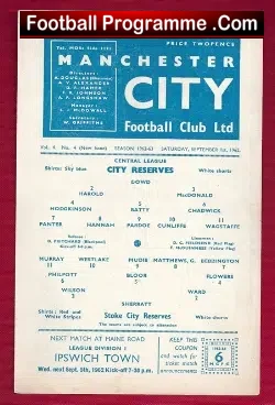 Manchester City v Stoke City 1962 - Reserve Match - football programme