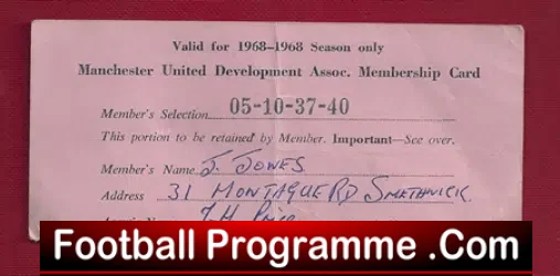 Manchester United Development Association Ticket 1968 – 69