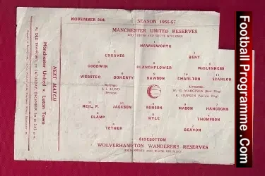 Manchester United v Wolves 1956 - Reserves Bobby Charlton - football programme