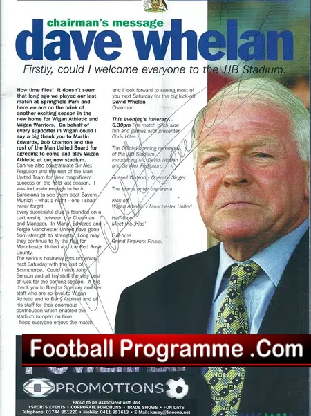 Wigan Athletic v Manchester United 1999 Opening + Signed + Menu