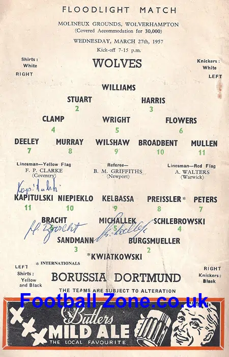 Wolves Wolverhampton v Borussia Dortmund 1957 – Multi Autographs