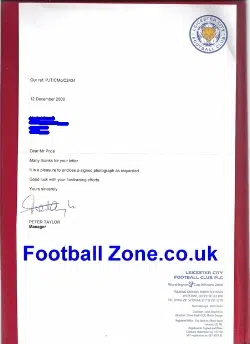 Leicester City Signed Letter - Peter Taylor 2000