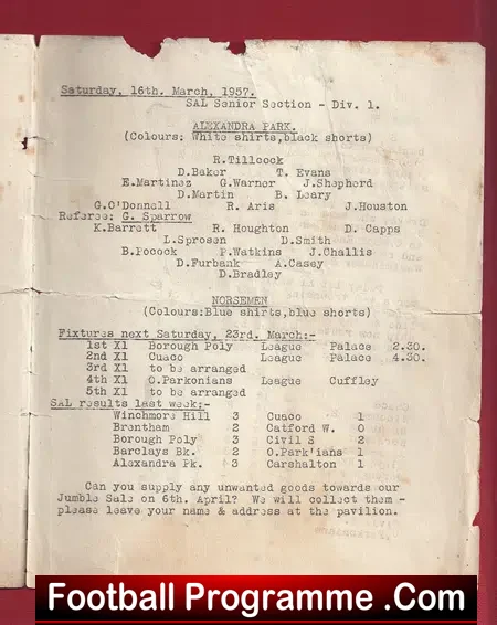Alexandra Park v Norsemen 1957