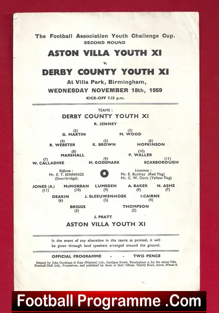 Aston Villa v Derby County 1959 – Youth Match at Birmingham