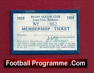 Australia Rugby League Club Membershp Ticket – Brisbane 1959