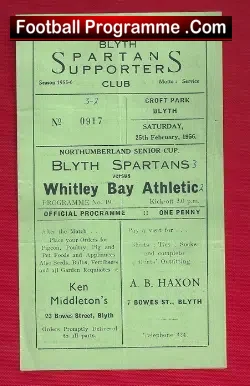 Blyth Spartans v Whitley Bay 1956 - Northumberland Senior Cup - football programme