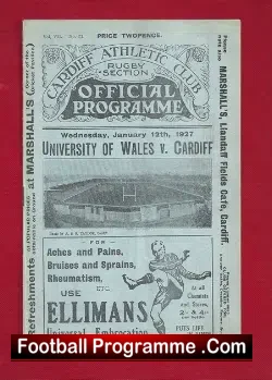 Cardiff v University Of Wales 1927 – Rugby Programme 1920’s