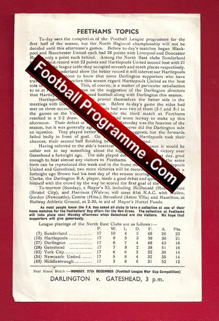 Darlington v Hartlepool United 1943 – old 1940s Programme