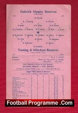 Dulwich Hamlet v Tooting Mitcham United 1962 – Reserves