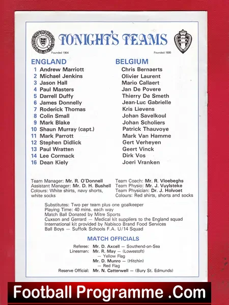 England v Belgium 1986 – Schoolboys at Portman Road – Ipswich