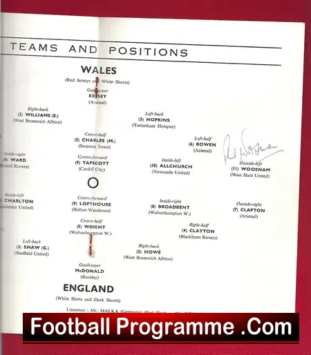 England v Wales 1958 – at Villa Park Birmingham Signed + Charlton