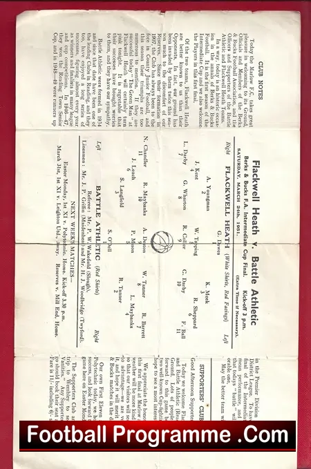 Flackwell Heath v Battle Athletic 1951 – Cup Final