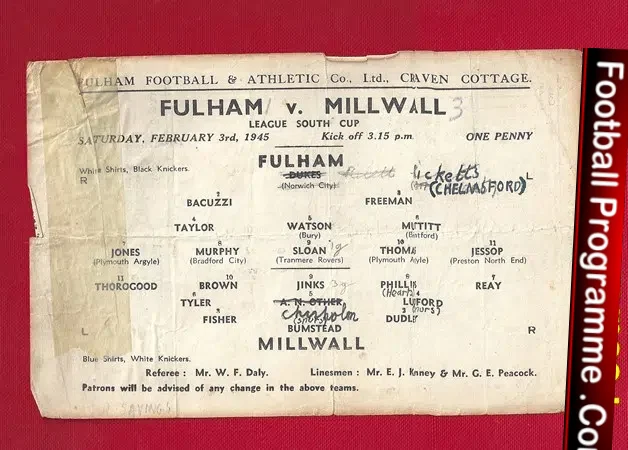 Fulham v Millwall 1945 – Rare War Time Football Programme