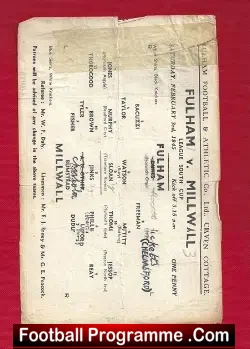 Fulham v Millwall 1945 - Rare War Time Football Programme - football programme