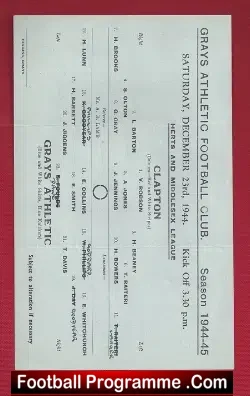 Grays Athletic v Clapton 1944 – Single Sheet