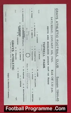 Grays Athletic v Tufnell Park 1945 – Single Sheet