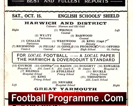 Harwich Parkeston v Great Yarmouth 1938 – Schoolboys Shield