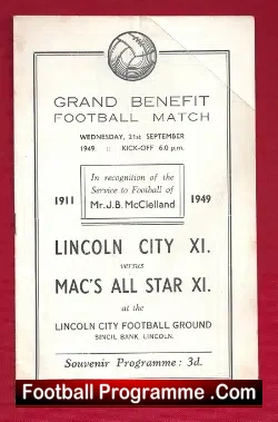 Joe McClelland Football Testimonial Benefit Match Lincoln 1949 - football programme