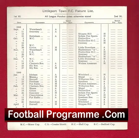 Littleport Town Football Club Fixture List Card – 1948 – 49