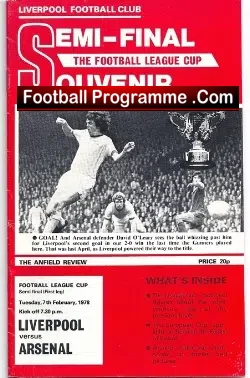 Liverpool v Arsenal 1978 - League Cup Semi Final - football programme