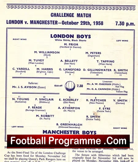 London Boys v Manchester Boys 1958 – at Tottenham