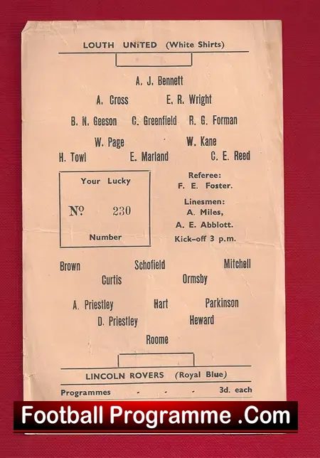 Louth v Lincoln Rovers 1950’s – Single Sheet Programme