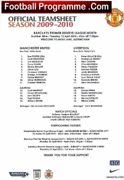 Manchester United v Liverpool 2010 - Reserves Team Sheet - football memorabilia