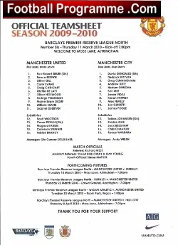 Manchester United v Manchester City 2010 - Reserves Team Sheet - football memorabilia