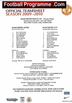Manchester United v Manchester City 2010 – Senior Cup Team Sheet