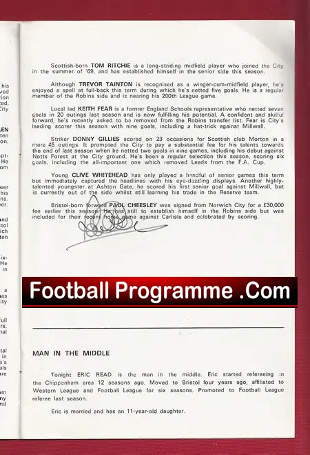 Mangotsfield United v Bristol City 1974 – Signed Paul Cheesley