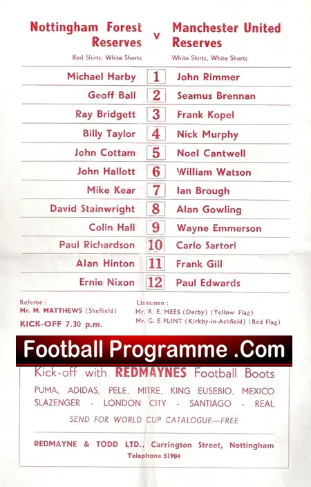 Nottingham Forest v Manchester United 1967 – Reserves Match