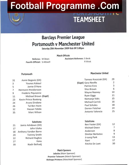 Portsmouth v Manchester United 2009 – Plus Team Sheet