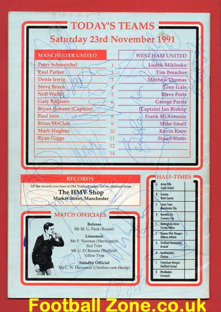 Manchester United v West Ham United 1991 - Autographed SIGNED