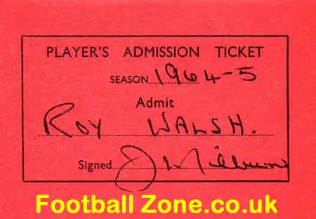 Ipswich Town Player's Pass Book Roy Walsh 1964 - 1965