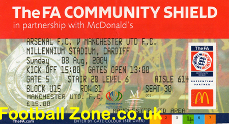 Arsenal v Manchester United 2004 Community Shield Cardiff Ticket