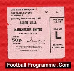 Aston Villa v Manchester United 1975 – Ticket Stub 2nd Division