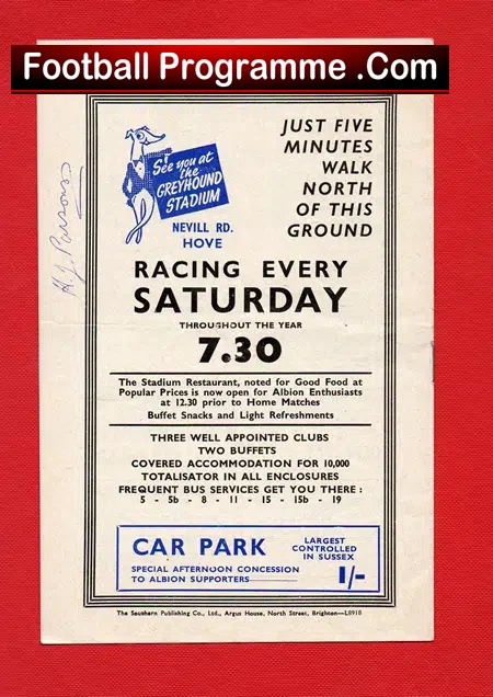 Brighton Hove Albion v Aston Villa 1959 – Signed