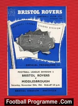 Bristol Rovers v Middlesbrough 1961 - football programme