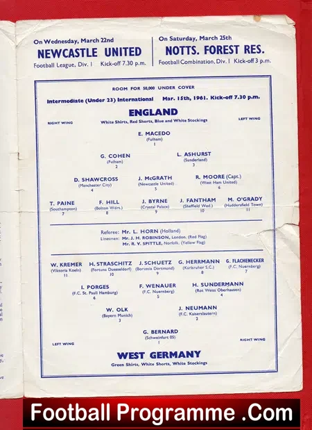 England v Germany 1961 – U23 Match at Tottenahm – Bobby Moore