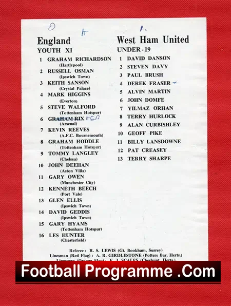 England v West Ham United 1975 – Under 19 + Curbishley