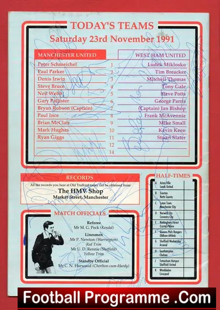 Manchester United v West Ham United 1991 Multi Autographed Ferguson Charlton