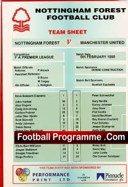Nottingham Forest v Manchester United 1999 - Official Team Sheet - football memorabilia
