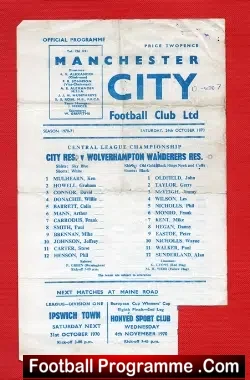 Manchester City v Wolves 1970 - Reserves - Willie Donachie - football programme