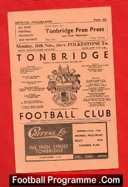 Tonbridge v Folkestone Town 1964 - football programme