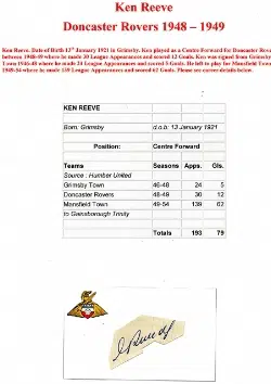 Doncaster Rovers Ken Reeve Autograph 1940s
