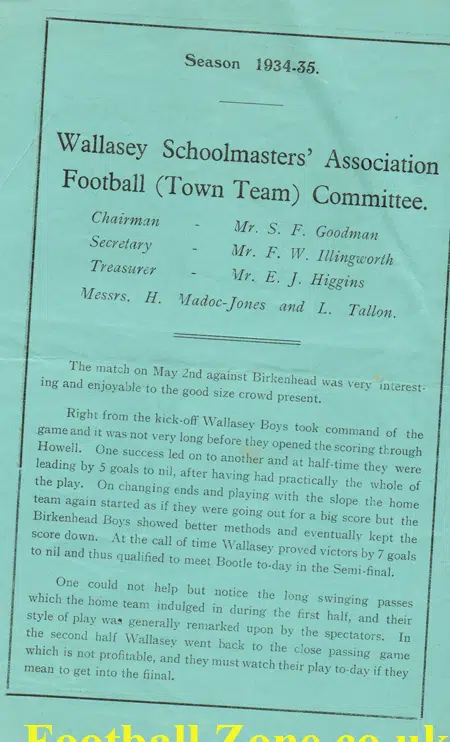 Wallasey v Bootle 1935 - Schoolboys Match - Semi Final Brighton
