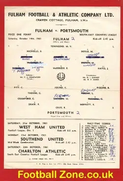 Fulham v Portsmouth 1961 - Reserves Single Sheet
